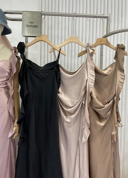 Satin Spaghetti Straps Side Slit Dress